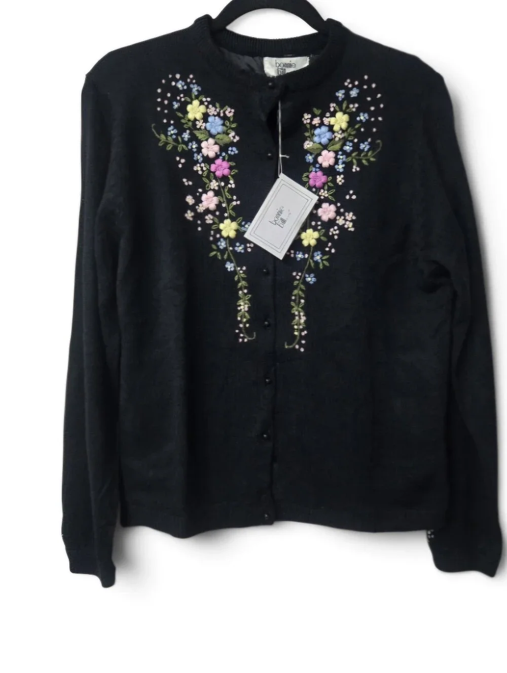 VTG Bonnie & Bill Floral Embroidery Cardigan Large Knit Black Cottagecore Boho